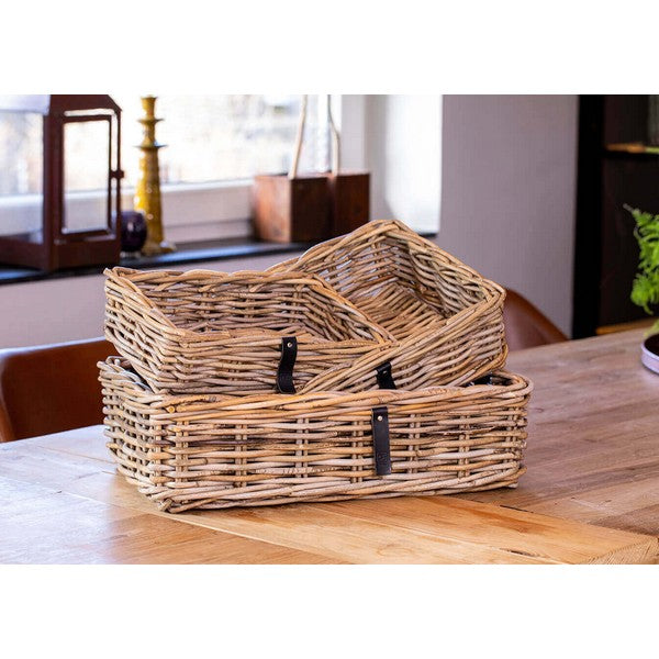 Firkantet Rattanbakke - kubu - (sæt m. 3 stk. / 3 str.) 1x30x22x9 cm - 1x38x27x11 cm - 1x45x32x13 cm