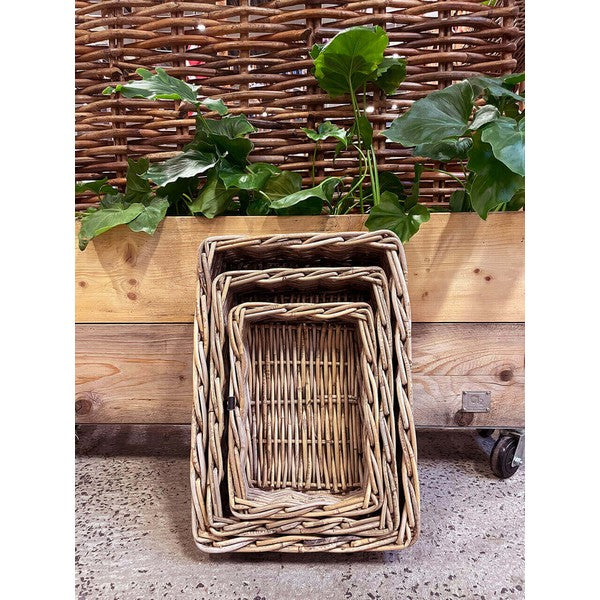 Firkantet Rattanbakke - kubu - (sæt m. 3 stk. / 3 str.) 1x30x22x9 cm - 1x38x27x11 cm - 1x45x32x13 cm