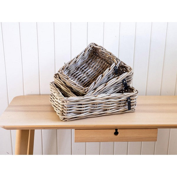 Firkantet Rattanbakke - kubu - (sæt m. 3 stk. / 3 str.) 1x30x22x9 cm - 1x38x27x11 cm - 1x45x32x13 cm