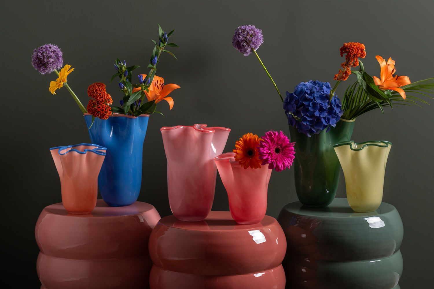 nutid Vase Flæser glas medium blød gul m. junglegrøn rand