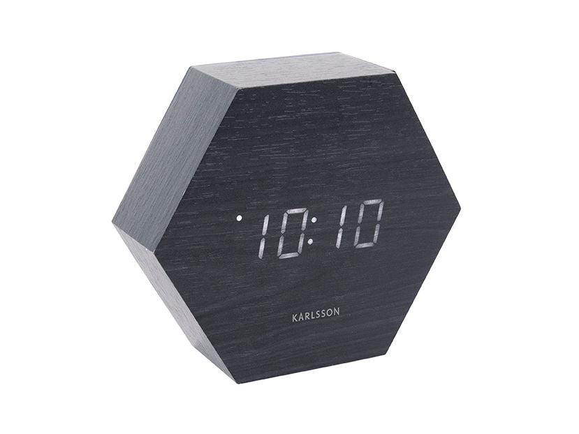 Karlsson Vækkeur Hexagon sort finer, hvid LED