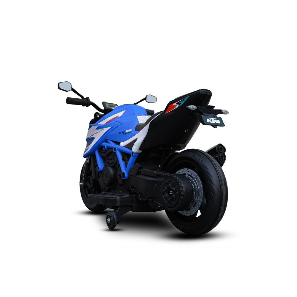 KTM X12 med gummihjul og lædersæde 12V blå