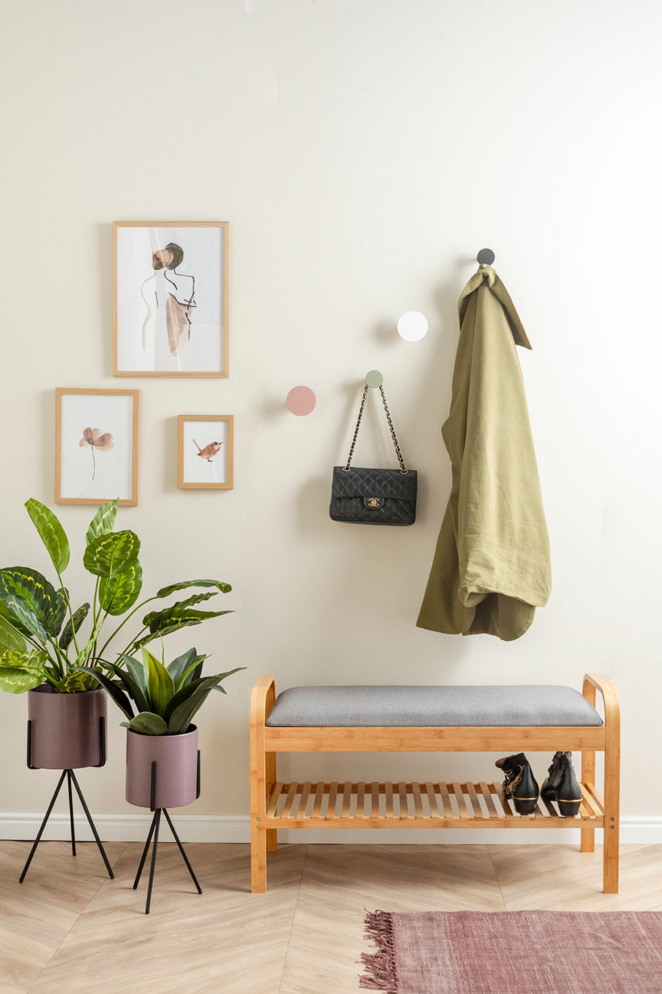 Leitmotiv bænk bue bambus m. gråt stof