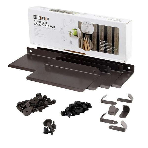 Komplet tilbehørskasse til akustikpaneler: Hylder, Kroge, Dots knager, ramme/billede ophæng, div. beslag til ophæng - Bruneret stål - RAL 8025 - kommer til juni