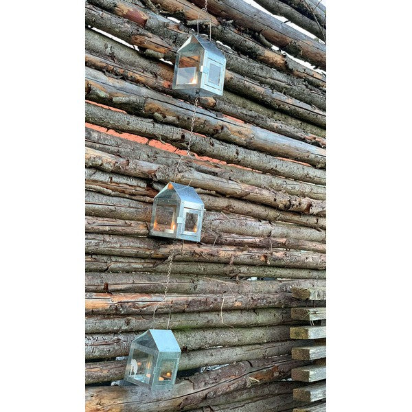 3 galvaniserede Hængelanterner på kæde L8xB8xH12 cm