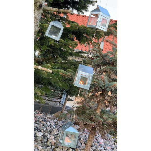 3 galvaniserede Hængelanterner på kæde L8xB8xH12 cm