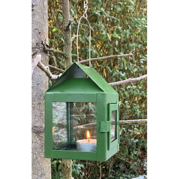 3 olivengrønne Hængelanterner på kæde L8xB8xH12 cm