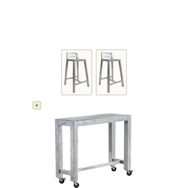 Galvaniseret Barbord 2 Fliser (30 x 60 cm) m Hjul (sæt m/2 stole) L143xB46,5xH100 cm