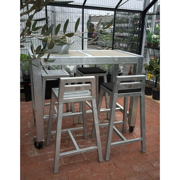 Galvaniseret Barbord 2 Fliser (50 x 50 cm) m Hjul (sæt m/4 stole) L123xB66,5xH100 cm