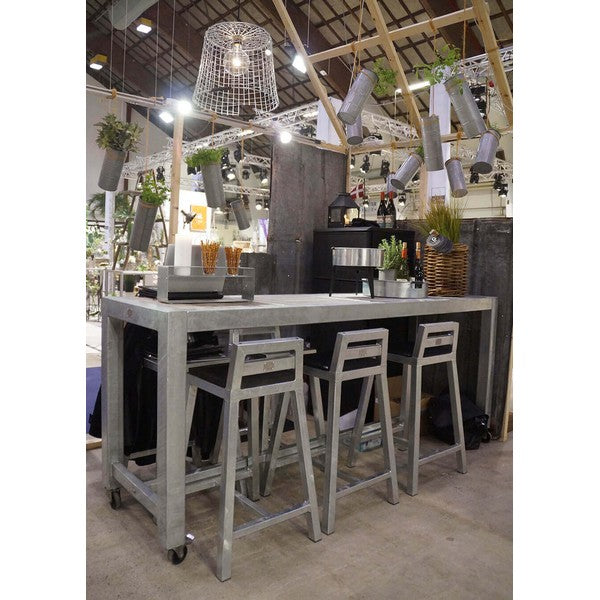 Galvaniseret Barbord 4 Fliser (50 x 50 cm) m Hjul (sæt m/4 stole) L236xB66,5xH100 cm