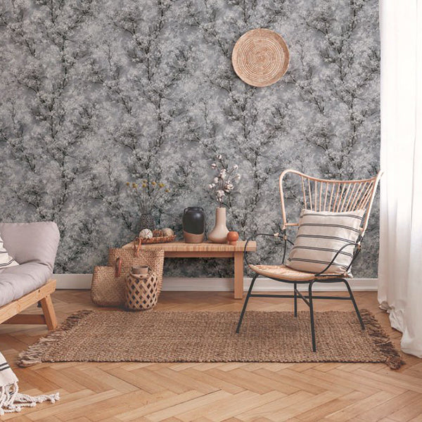 Tapet grå med forårsgrene med hvide blomster 0,53x10,05 meter