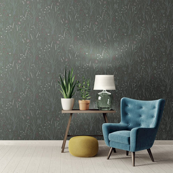 Tapet med blomster grøn 0,53x11,20 meter