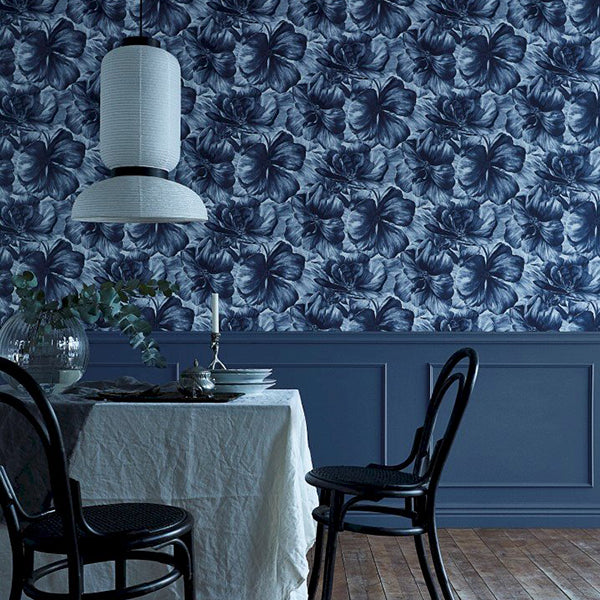 Tapet med blomster blå 0,53x10,05 meter