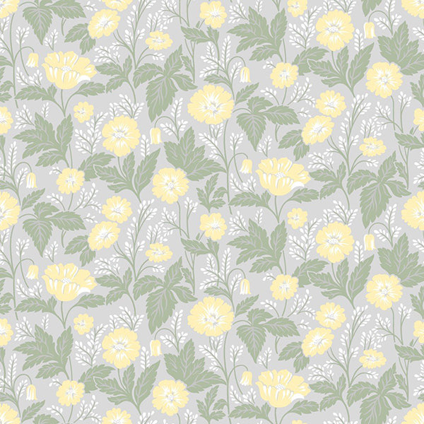 Tapet med blomster grå, grøn, gul 0,53x10,05 meter
