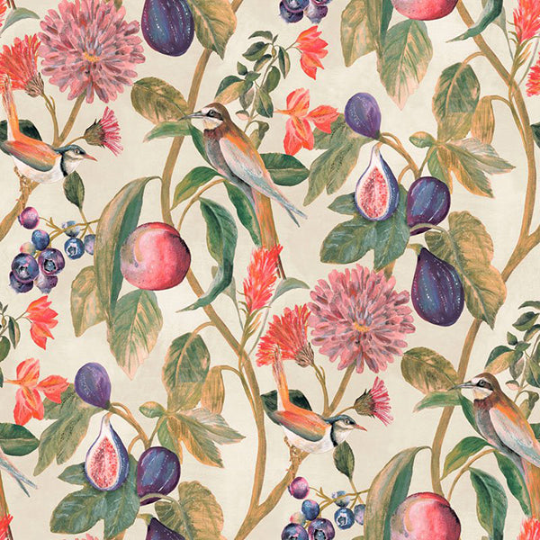 Tapet blomster, figner, fugle, beige 0,53x10,05 meter