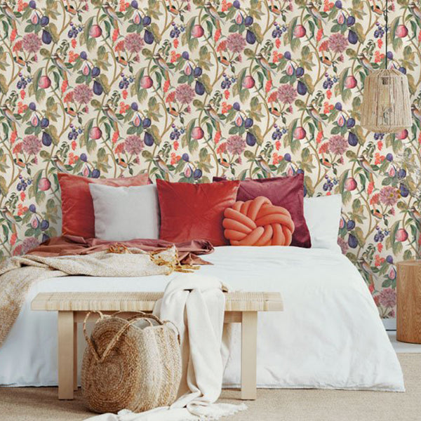 Tapet blomster, figner, fugle, beige 0,53x10,05 meter