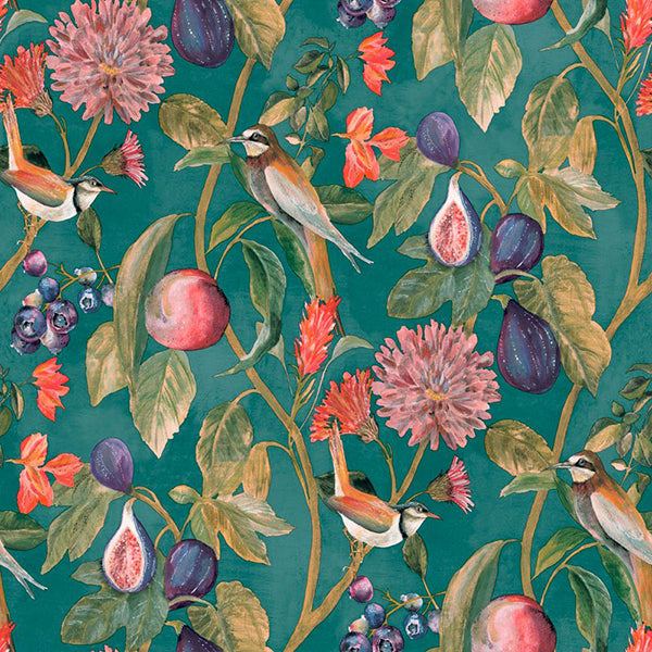Tapet blomster, figner, fugle, grøn 0,53x10,05 meter