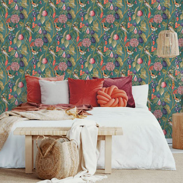 Tapet blomster, figner, fugle, grøn 0,53x10,05 meter