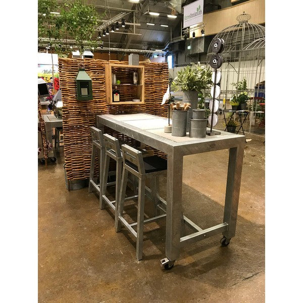 Galvaniseret Barbord 3 Fliser (50 x 50 cm) m Hjul (sæt m/6 stole) L179,5xB66,5xH100 cm