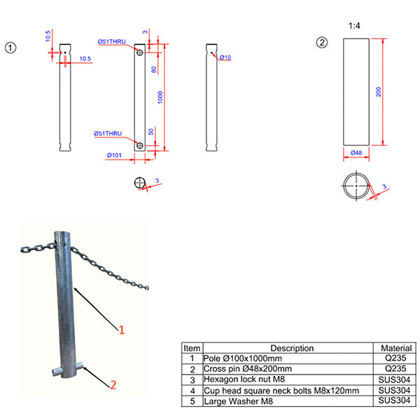 Pullert galv stål Ø10x100 cm
