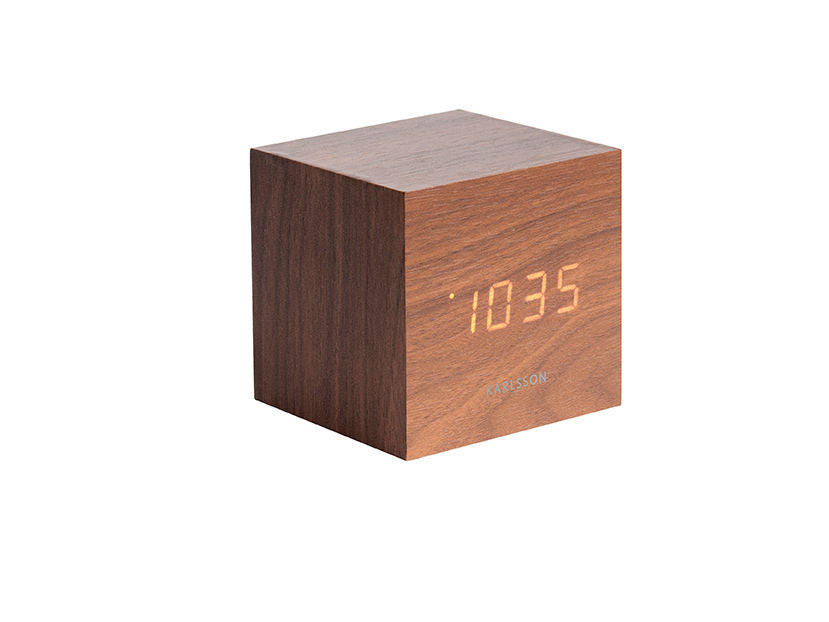Karlsson Vækkeur Mini Cube mørk træfiner, hvid LED