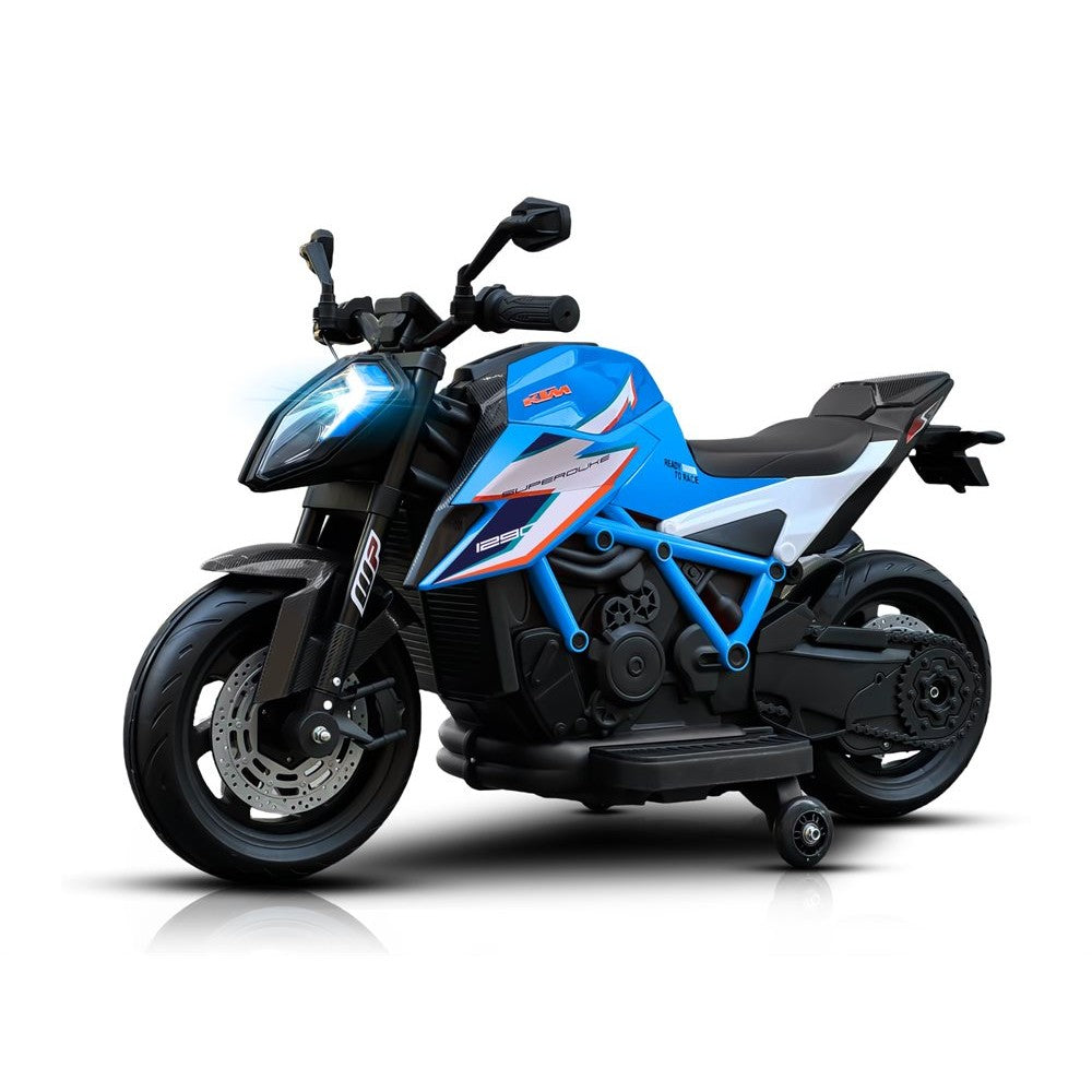 KTM X12 med gummihjul og lædersæde 12V blå