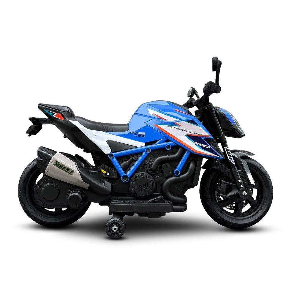 KTM X12 med gummihjul og lædersæde 12V blå