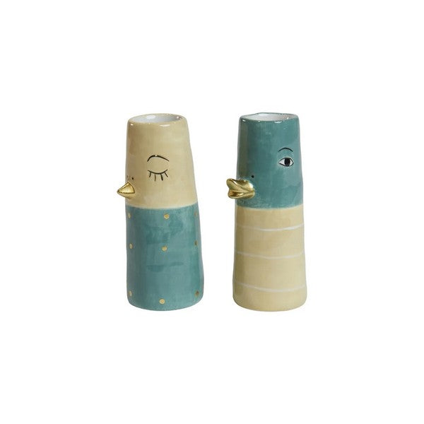 Speedtsberg keramik vaser/lysestager med ansigt 2 forskellige farver 4x10 cm yellow/aqua