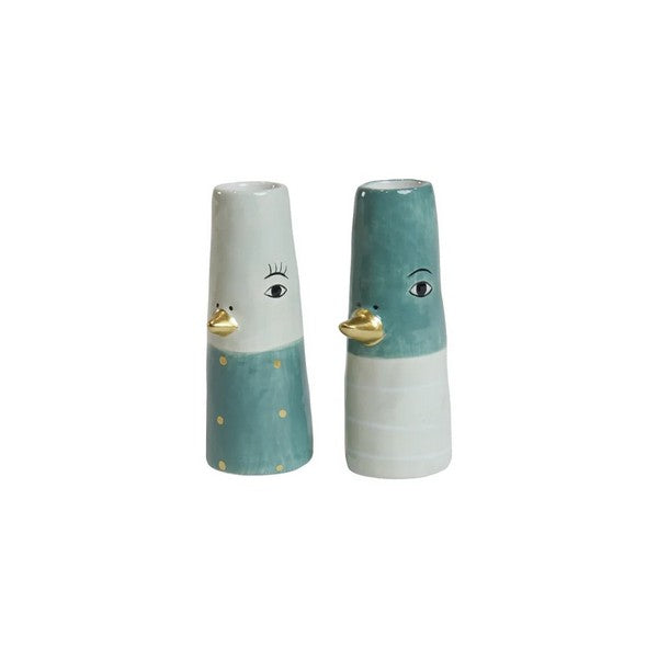 Speedtsberg keramik vaser/lysestager med ansigt 2 forskellige farver 4x10 cm light aqua/aqua