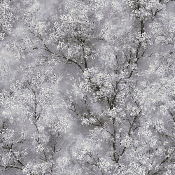 Tapet grå med forårsgrene med hvide blomster 0,53x10,05 meter